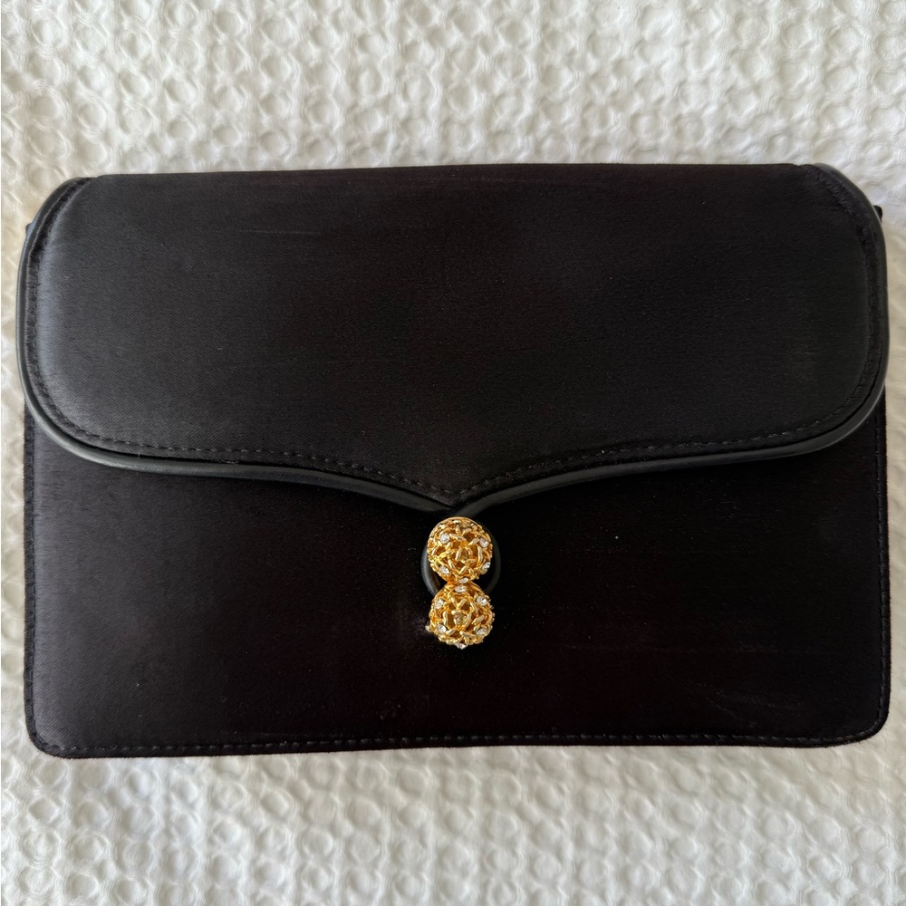 Vintage Gucci Satin Black Shoulder Bag with Gold Accents